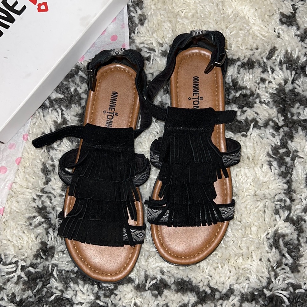 Minnetonka Black Fringe Sandals